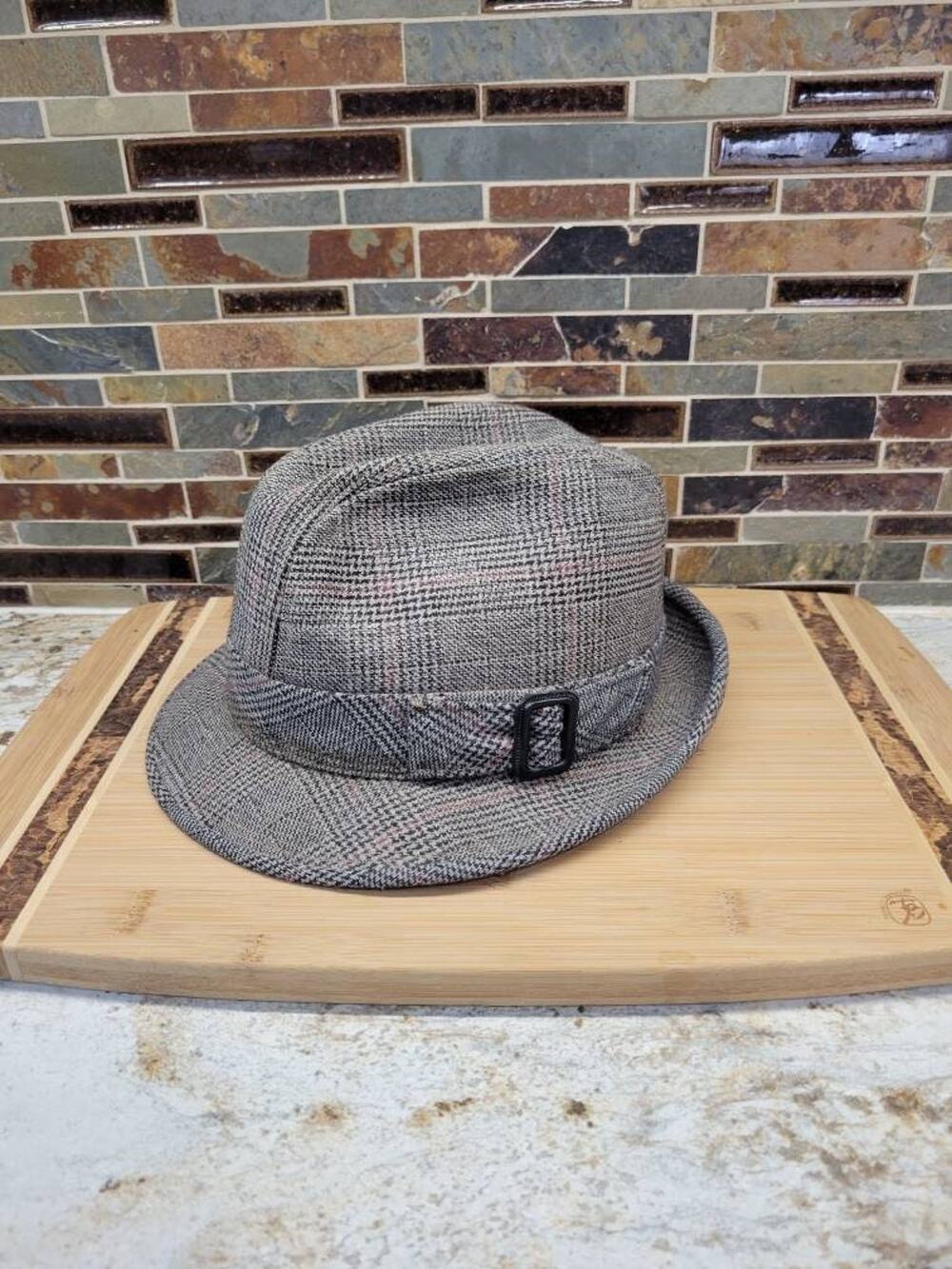 Vintage Gray Plaid Fedora Hat Men Sz 7 1/8 Tweed Trilby Bucket Black Band Buckle